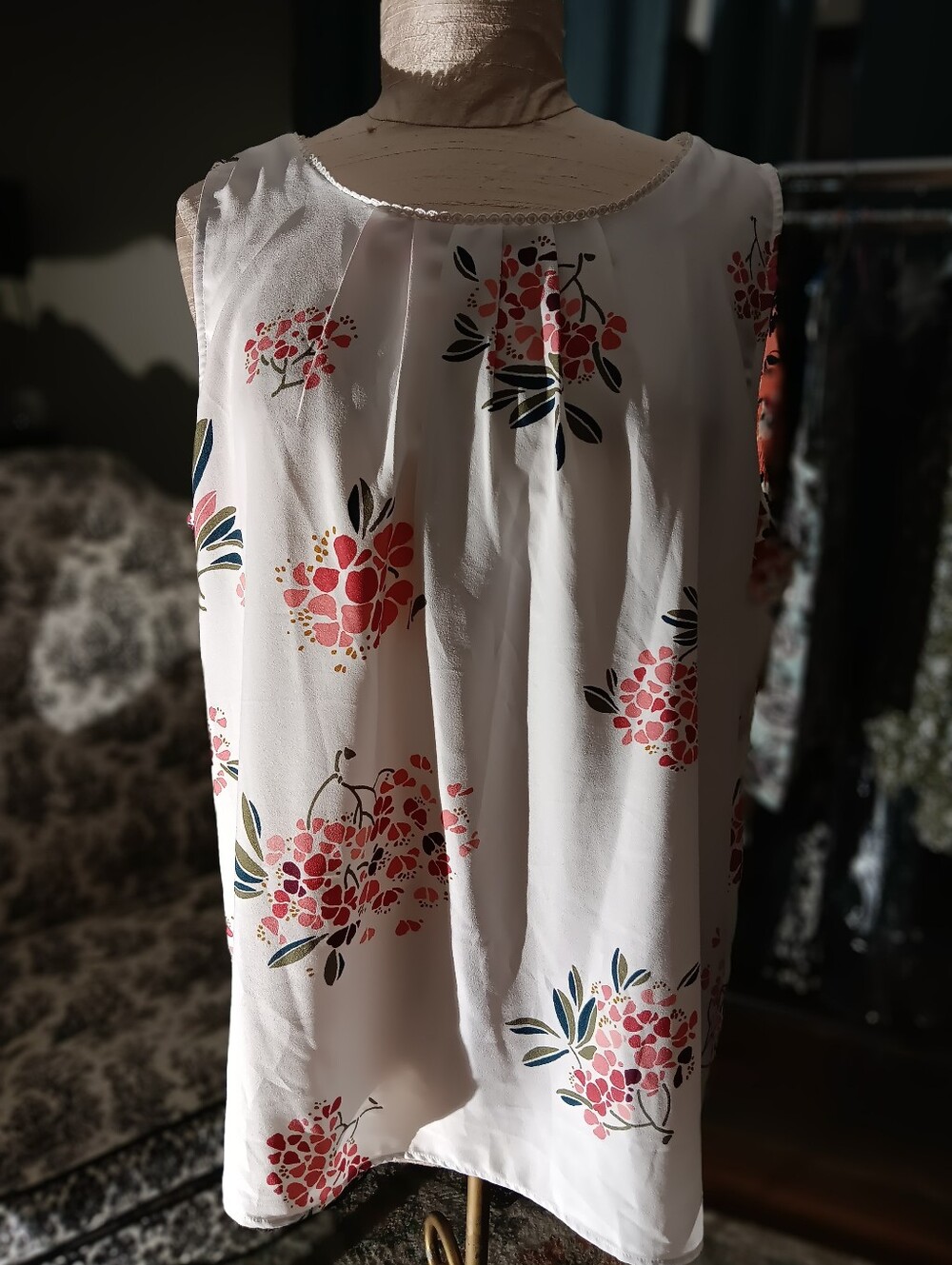 Loft Sleeveless White Floral Blouse with Pink Bouquet Print